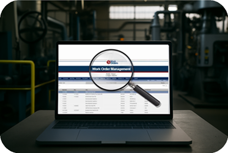 Advanced filtering and work order management with eWorkOrders on a laptop screen in an industrial setting.
