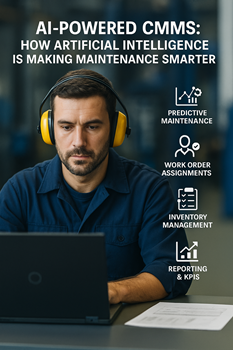 Technician at laptop with AI-powered CMMS features