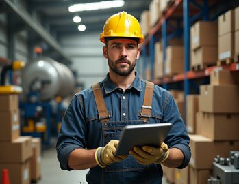 Maintenance man in manufacturing plant lookin over eWorkOrders work orders..