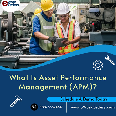 Two factory workers in safety gear review data on a tablet, promoting eWorkOrders with the question 'What Is Asset Performance Management (APM)?' and a call to schedule a demo.