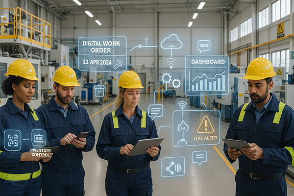 Modern manufacturing plant, diverse technicians using digital dashboards for maintenance and asset management.