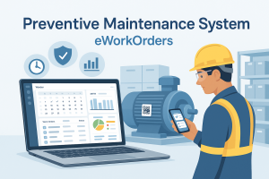 Illustration of eWorkOrders’ preventive maintenance system (CMMS) showing a laptop with dashboards and work orders alongside a technician scanning a machine’s QR code on mobile.