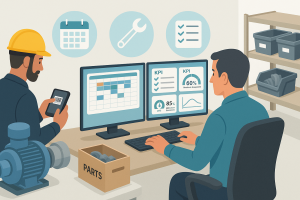 Isometric illustration of a maintenance planner reviewing CMMS schedules and KPIs on dual monitors while a technician scans a pump barcode beside parts bins—showing maintenance planning and scheduling in action.
