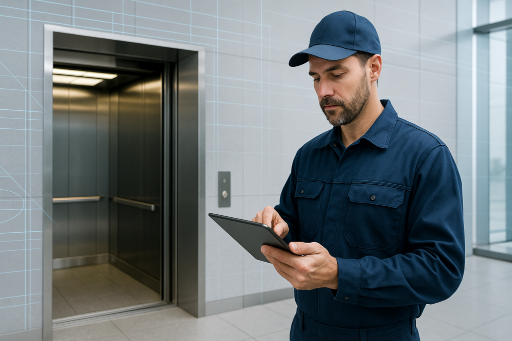Maintenance technician in navy uniform using a tablet in front of an open elevator, illustrating modern lift maintenance and digital inspections in a commercial building lobby.