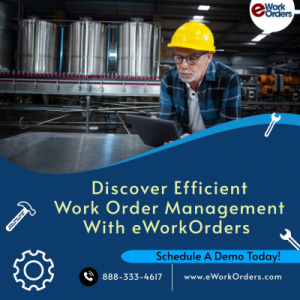 Worker using tablet in factory promoting eWorkOrders work order management software