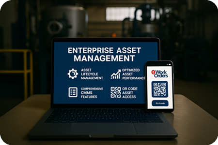 Laptop and mobile device displaying eWorkOrders CMMS enterprise asset management features including QR code asset access.