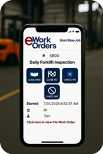 eWorkOrders mobile screen showing employee time tracking and forklift inspection work order.