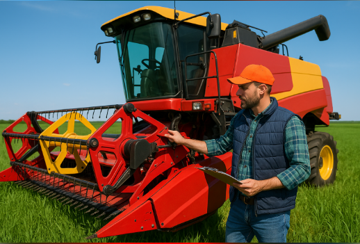 Image of a farmer in the field next to his farm tractor holding a tablet looking at his eWorkOrders open work orders list.