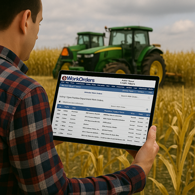 Image of a farmer in a field holding a tablet with eWorkOrders CMMS. Looking at a work order to fix his tractors.