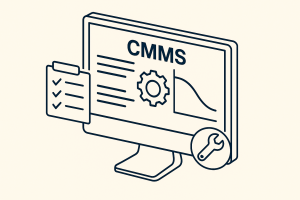 A 2D isometric illustration of a computer monitor displaying a CMMS interface.