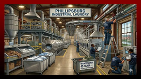 Industriall laundry maintenance team workig on equipoment.