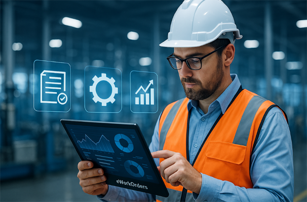 : A maintenance manager using a tablet with digital maintenance icons hovering beside him