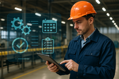 A maintenance manager using a tablet on the plant floor, with a transparent work-order dashboard overlay to convey modern, tech-driven maintenance.