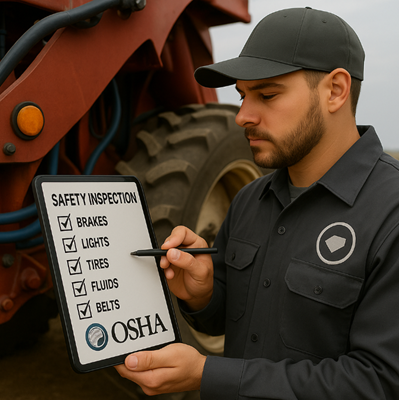 Audit inspector from OSHA doing a checklist on farm equipment.