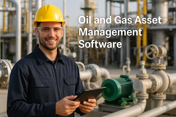Oil and gas worker in safety gear holding a tablet at an industrial facility, representing eWorkOrders CMMS for asset management.