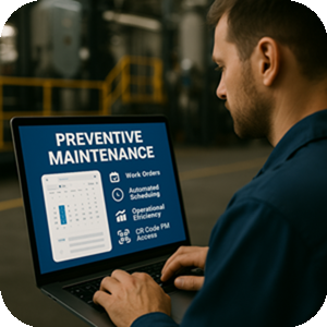 Technician using eWorkOrders CMMS to manage preventive maintenance scheduling on a laptop.