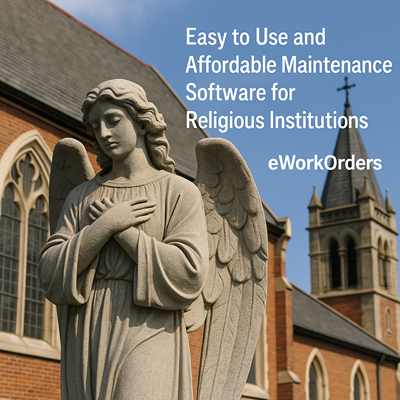 Stone angel statue in front of a church with steeple and arched windows, representing eWorkOrders maintenance software for religious institutions.