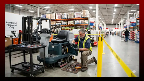 Retail maintenance guy repairing a scooter responding to his work order.