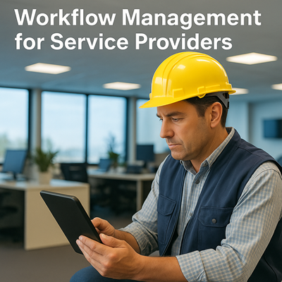Service provider in yellow hard hat and navy vest using a black tablet in a modern office, with the text 'Workflow Management for Service Providers' above.