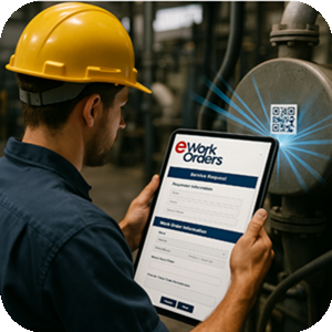 Maintenance worker using eWorkOrders to scan a QR code and open a service request on a tablet.
