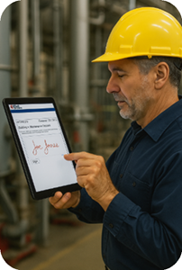 Maintenance technician capturing electronic signature on tablet using eWorkOrders.