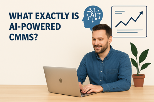 Smiling man in a blue shirt working on a laptop at a desk, with the text 'What exactly is AI-powered CMMS?' and AI-themed graphics on the wall behind him.