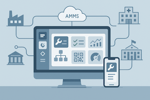 Illustration of an AMMS dashboard on desktop and mobile connecting via cloud to multiple facilities.