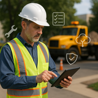 DPW employee using public works maintenance software on tablet in city yard