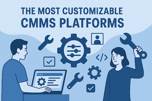 Illustration of two people working with CMMS software; one uses a laptop displaying a gear interface, and the other holds a wrench. Between them is a large gear icon with sliders, surrounded by maintenance-related icons.

