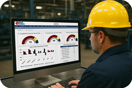 Maintenance KPIs and reporting dashboard with eWorkOrders CMMS on desktop.