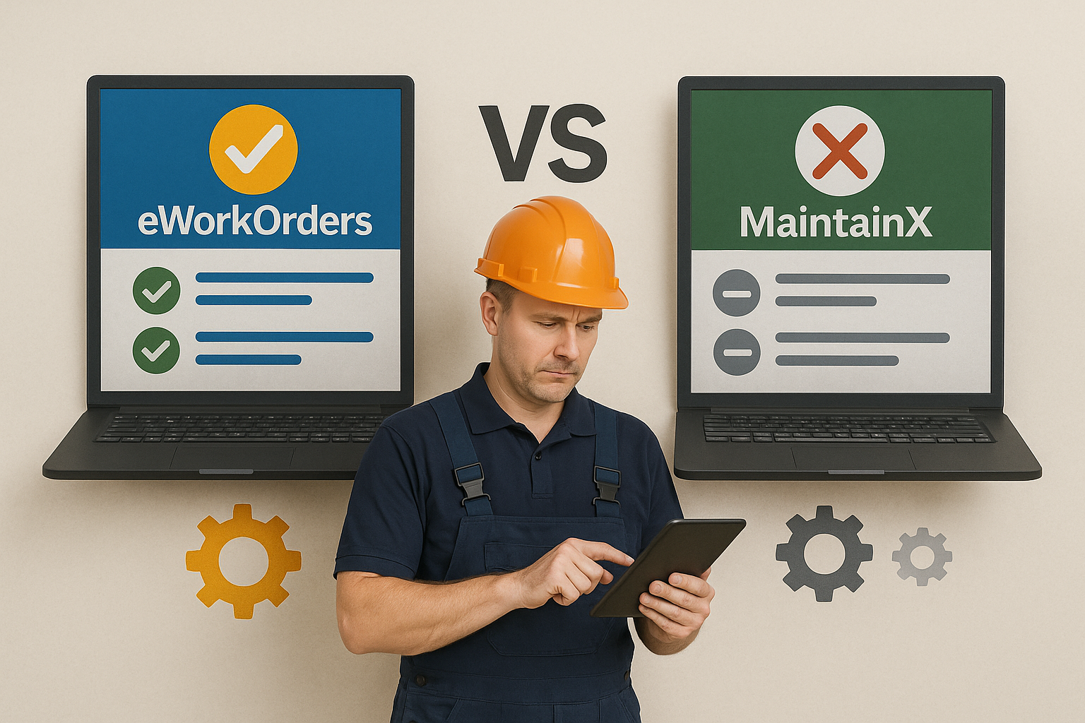 Maintenance worker comparing CMMS software on laptops, choosing eWorkOrders over MaintainX.