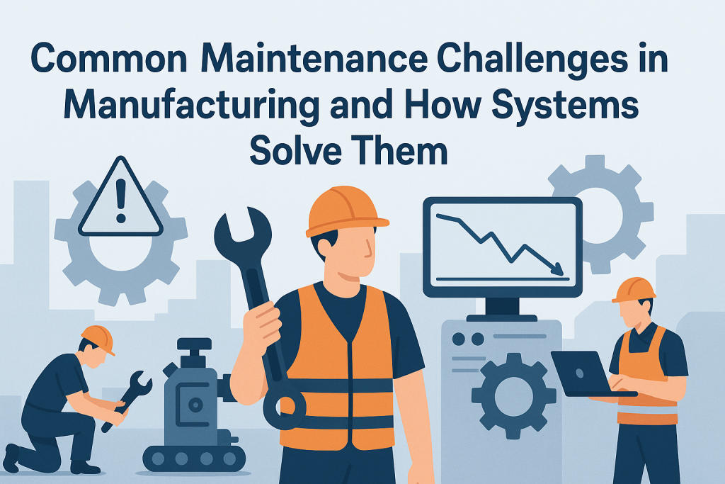 Illustration of manufacturing workers addressing maintenance issues with tools and digital systems.