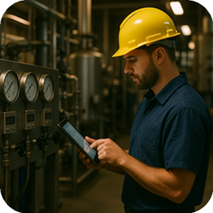 Technician recording meter readings using eWorkOrders CMMS on a tablet in an industrial facility