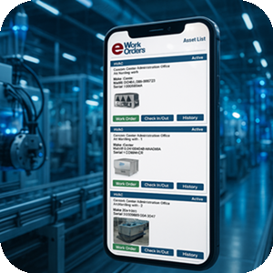 Mobile device displaying eWorkOrders CMMS asset list with work order and check-in/check-out options on a factory floor.