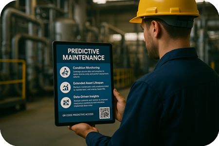 Technician viewing eWorkOrders Predictive Maintenance features on a tablet in an industrial facility.