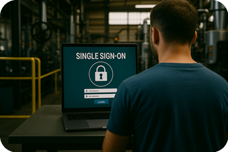Technician logging in with single sign-on access in a manufacturing facility using eWorkOrders.