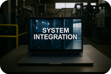 System integration with eWorkOrders API displayed on a laptop in an industrial environment.